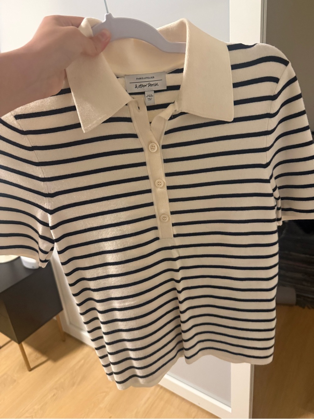 & Other Stories Cream and Black Striped Polo Top